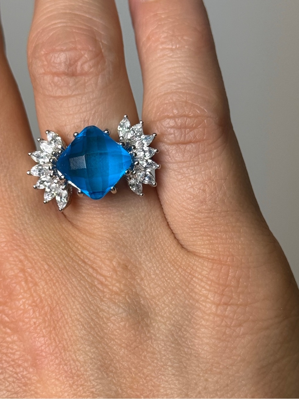 925 Sterling Silver Blue Cushion Cut Statement Ring w/ Marquise CZ Halo Ring